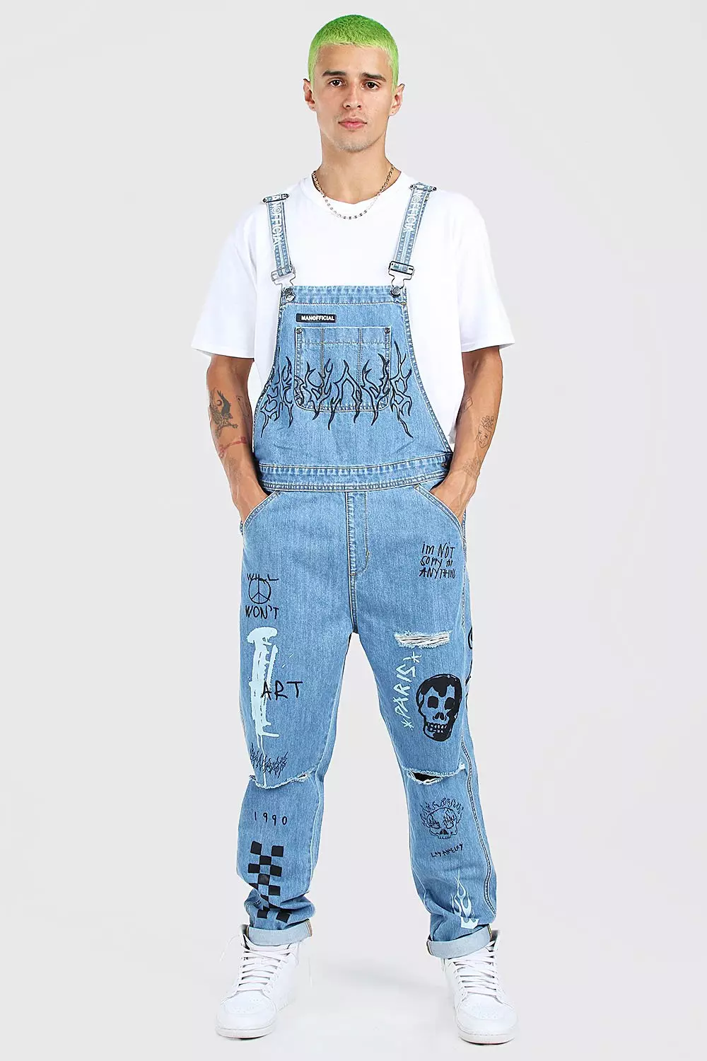 Slim Long Dungarees With Graffiti Print boohooMAN UK